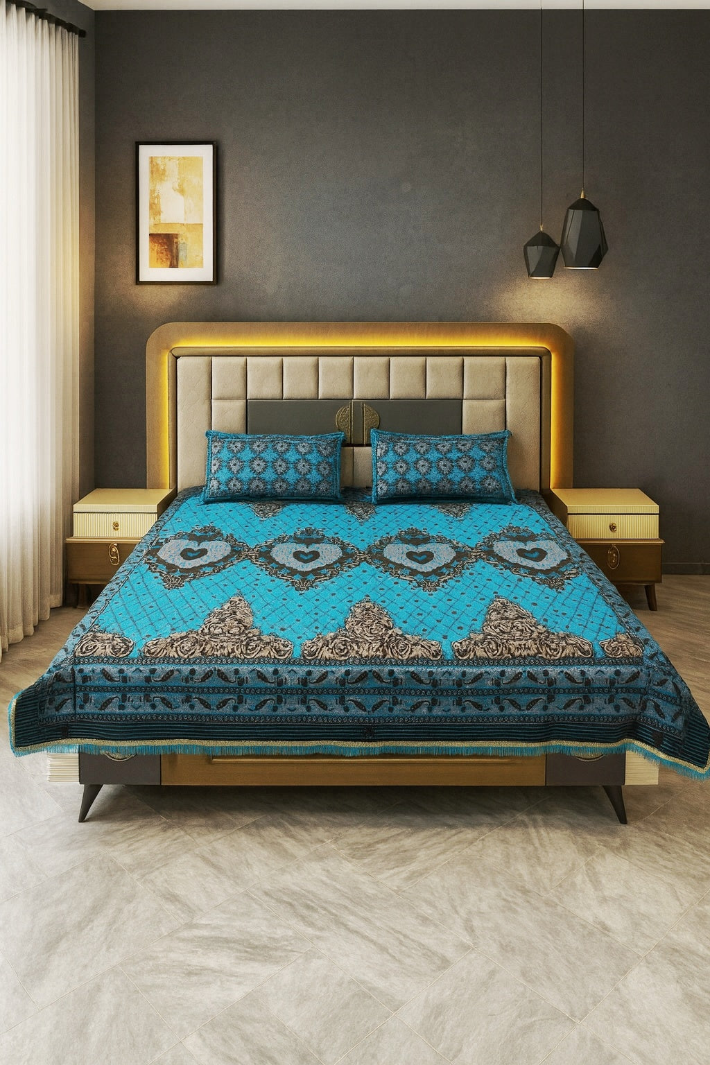 Fancy Multani 3pc Khadar Bed Sheet KBS22 - Turquoise Blue