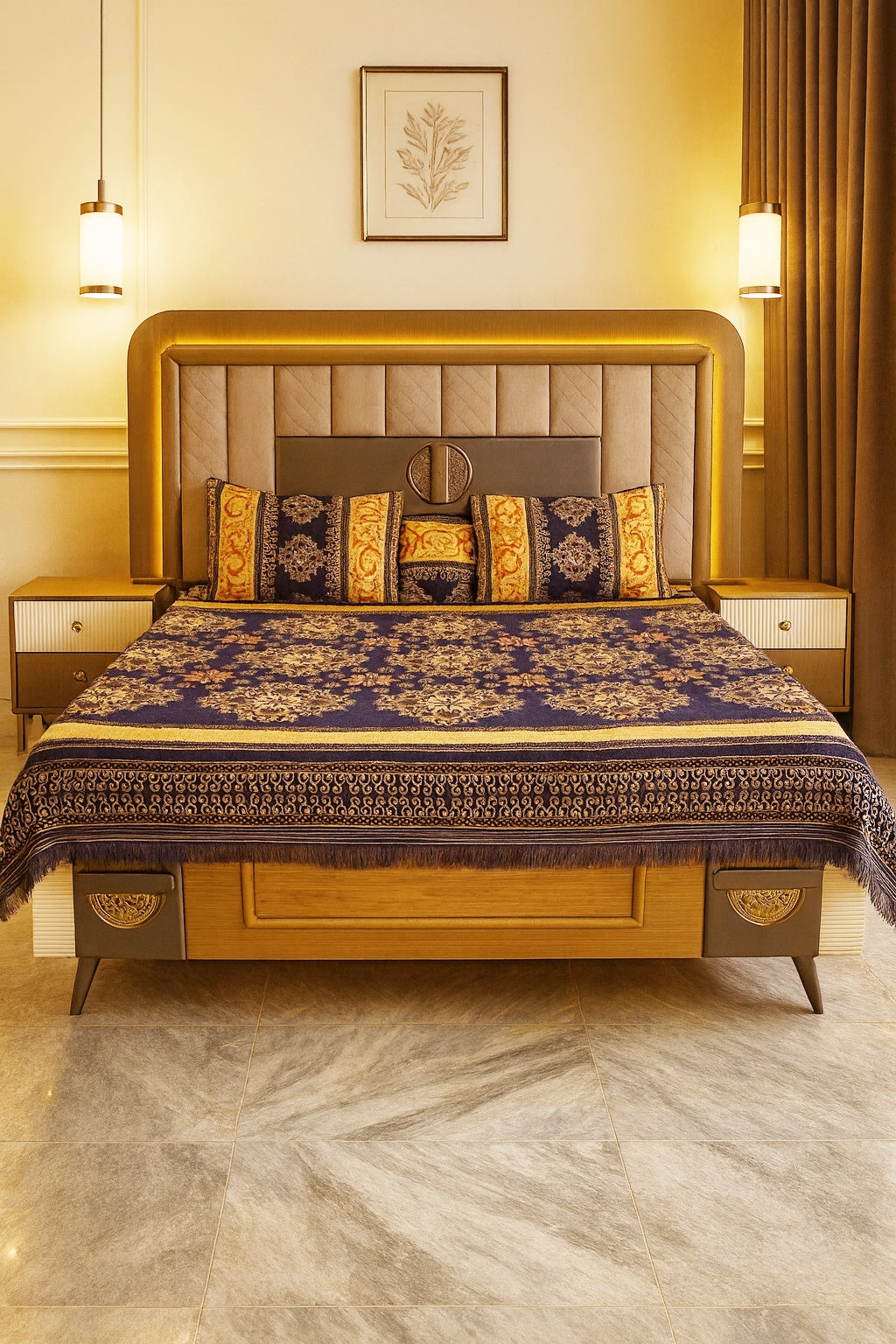 Decorative bed with gold and blue bedding in a bedroom setting.