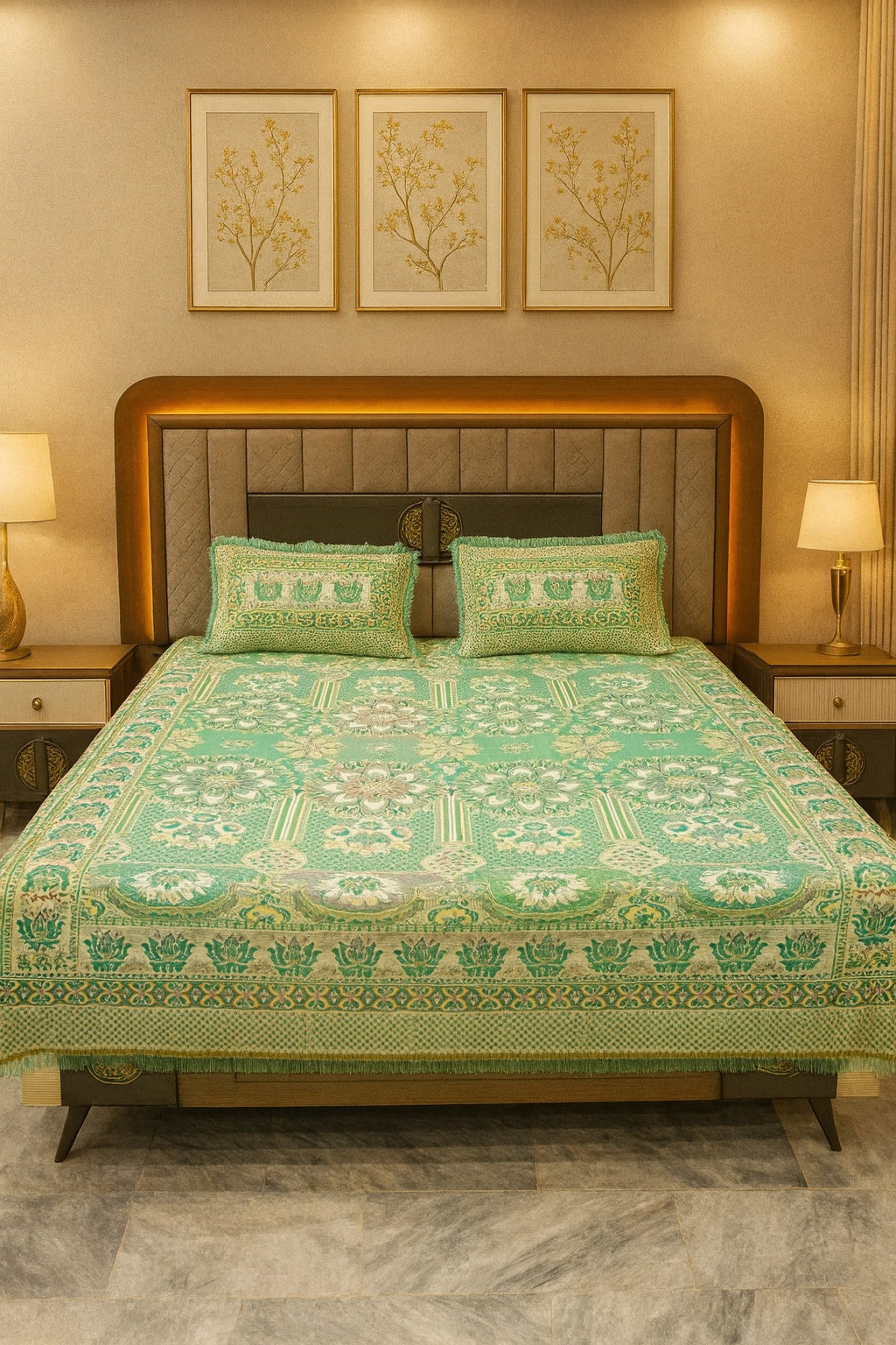 Traditional Multani 3pc Khadar Bed Sheet KBS23 - Mint Green