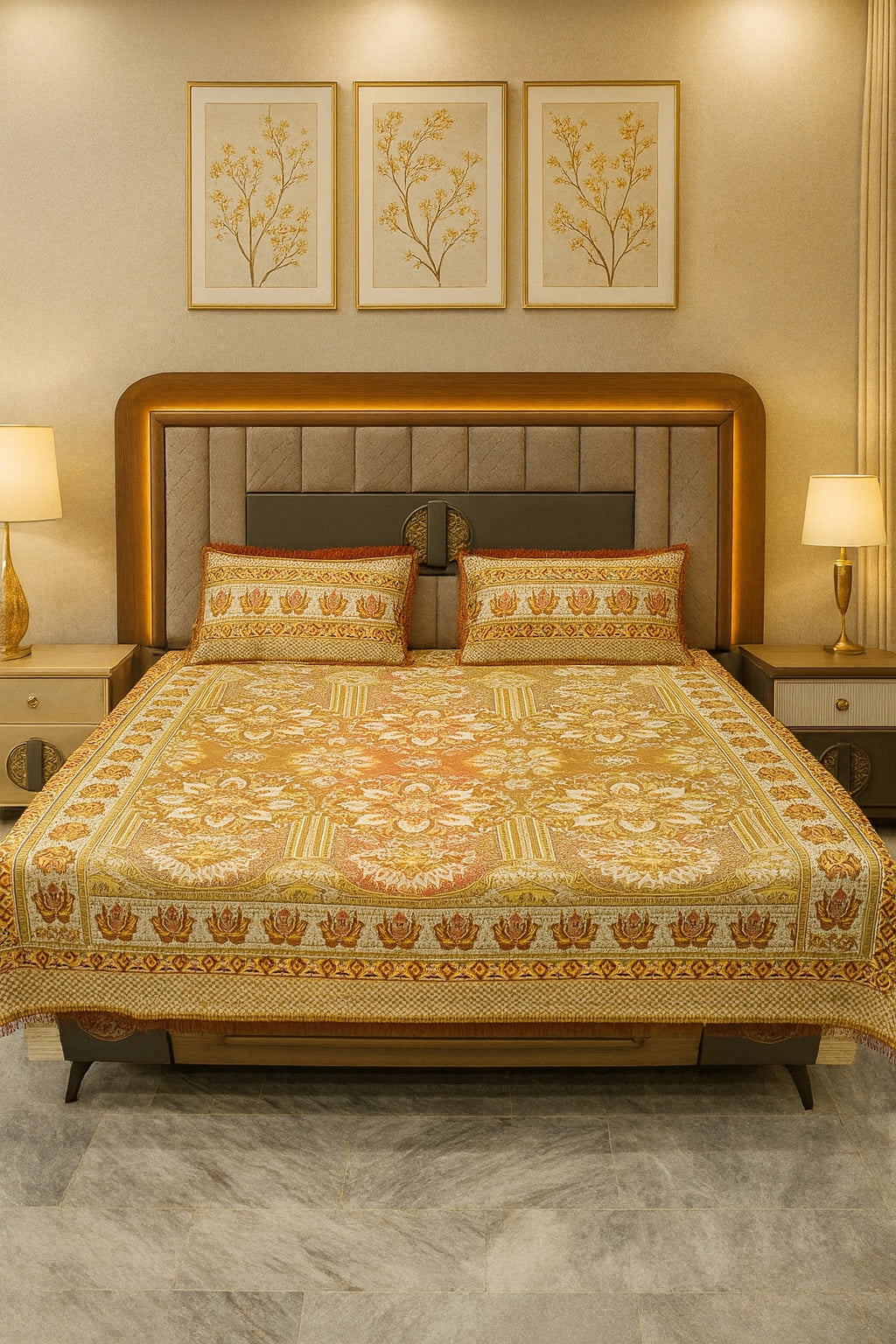 Traditional Multani 3pc Khadar Bed Sheet KBS25 - Rust Orange